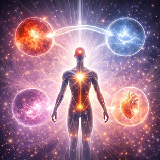 A glowing human figure stands centered within flowing energy, surrounded by luminous orbs connected to the body