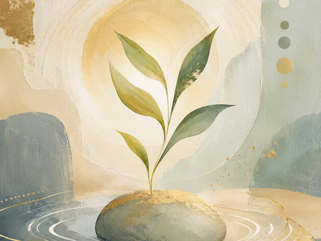 Une jeune plante verte poussant sur une pierre au-dessus d'une eau ondulante, entourée de formes abstraites aux teintes douces d'or et de sauge.