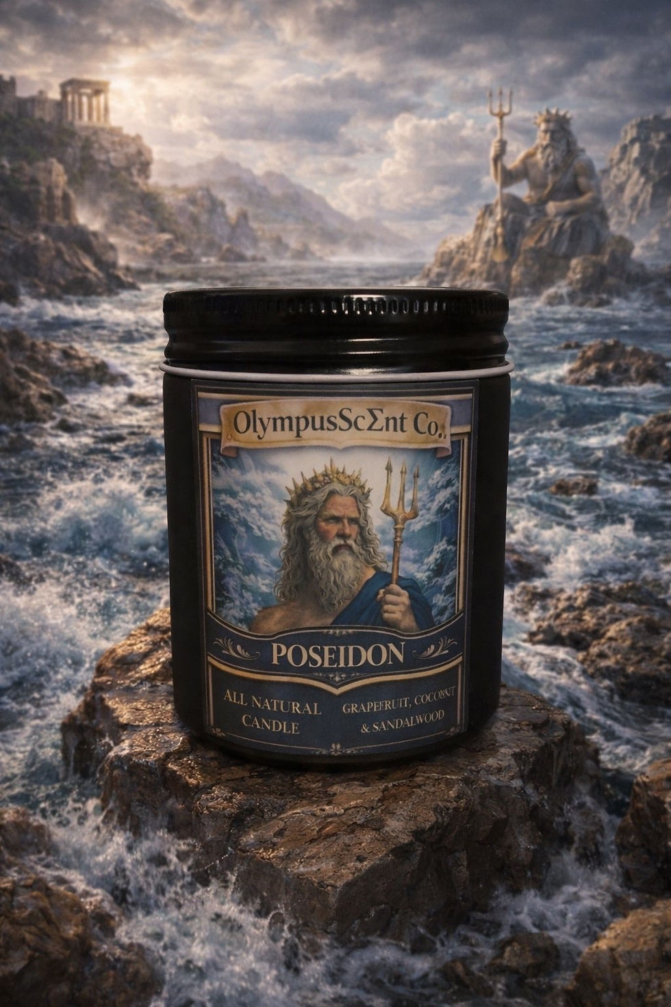 Eye-level view of a collection of handmade candles with different essential oil labels