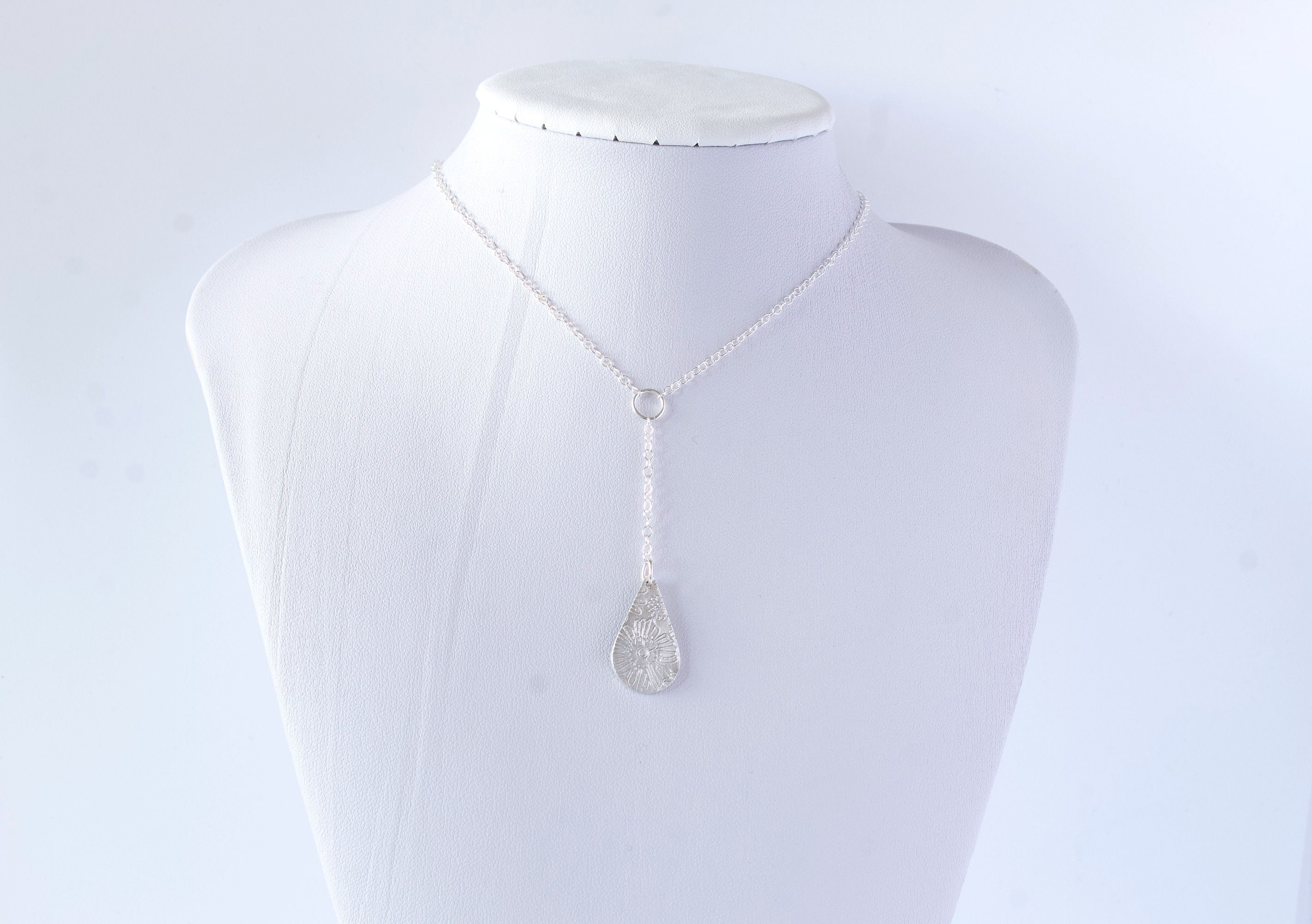 Fine Silver Floral Embossed Teardrop Chain Drop Necklace