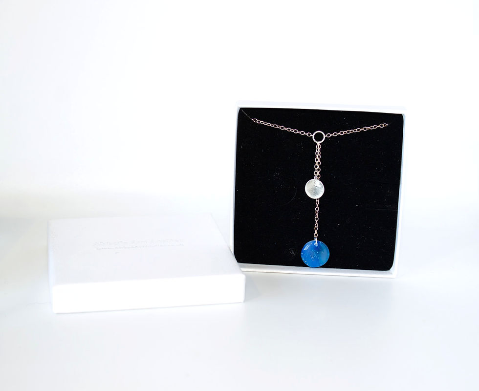 Thumbnail: Handmade polymer clay and fine silver necklace, blue marble in gift box