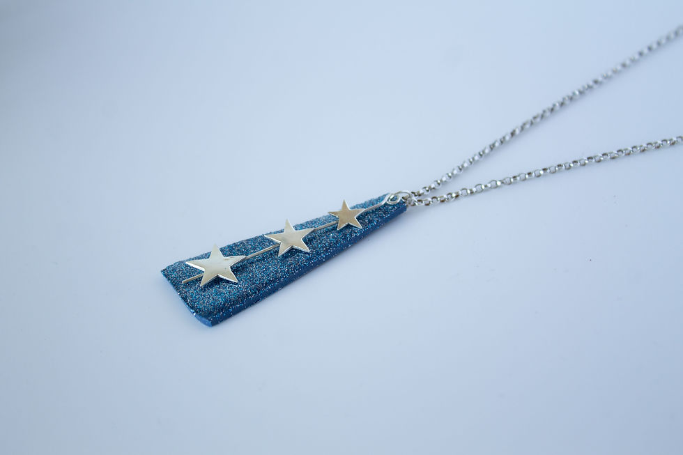 Thumbnail: handmade polymer clay blue sparkle triangle necklace with 3 fine silver star overlaid