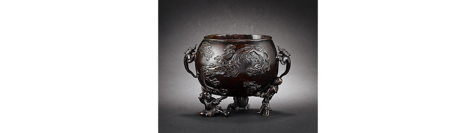Thumbnail: A BRONZE CENSER OF OVAL FORM WITH MYTHOLOGICAL-ANIMAL HANDLES