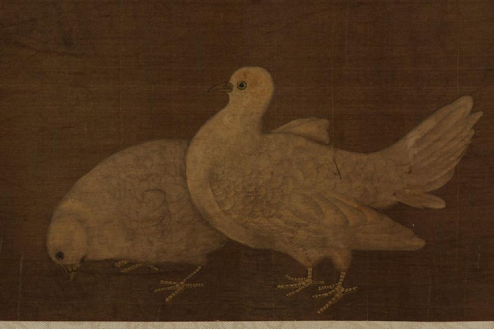Thumbnail: ANONYMOUS: COLOR AND INK ON SILK 'PIGEONS' PAINTING