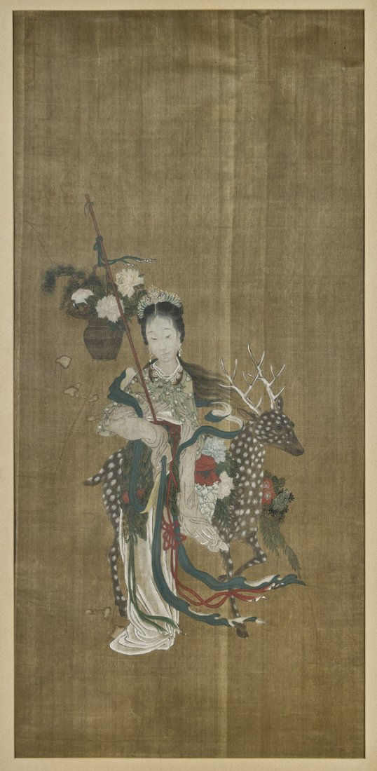 OLD CHINESE SILK PAINTING: Goddess & Deer
