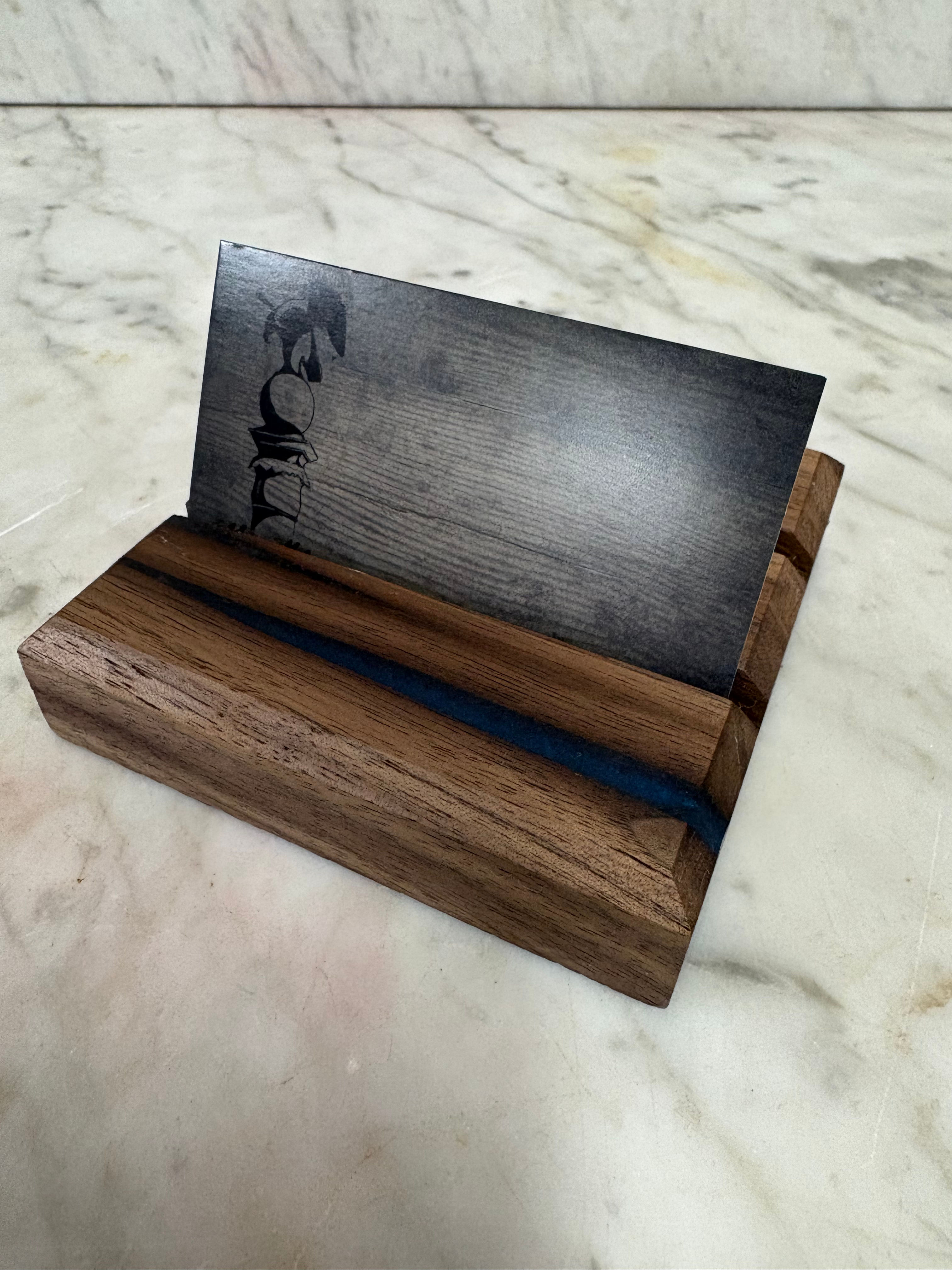 Walnut with a Touch of Blue Business Card Holder 
