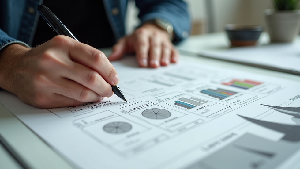 High angle view of a designer sketching website wireframes on paper