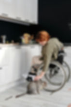 A woman in a wheelchair smiling and petting a cat