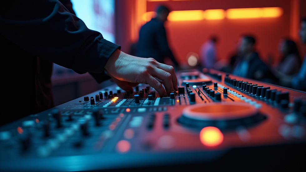 Close-up view of a sound technician adjusting audio controls at a corporate event