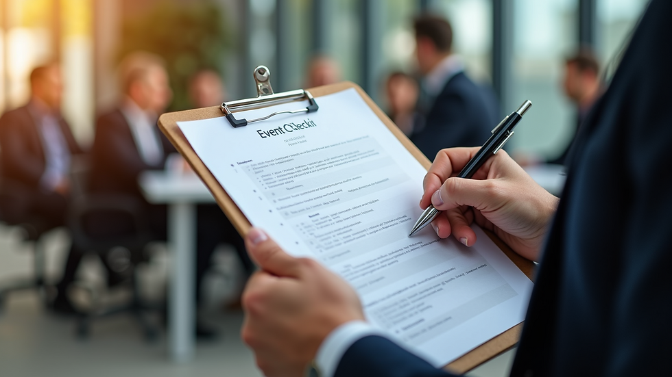 Close-up view of a corporate event planner reviewing event checklist
