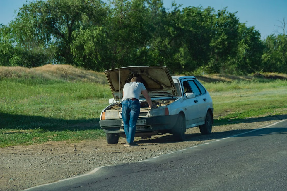 Person in jeans and a white shirt leans into the open hood of a white car parked on a grassy roadside under sunny trees.