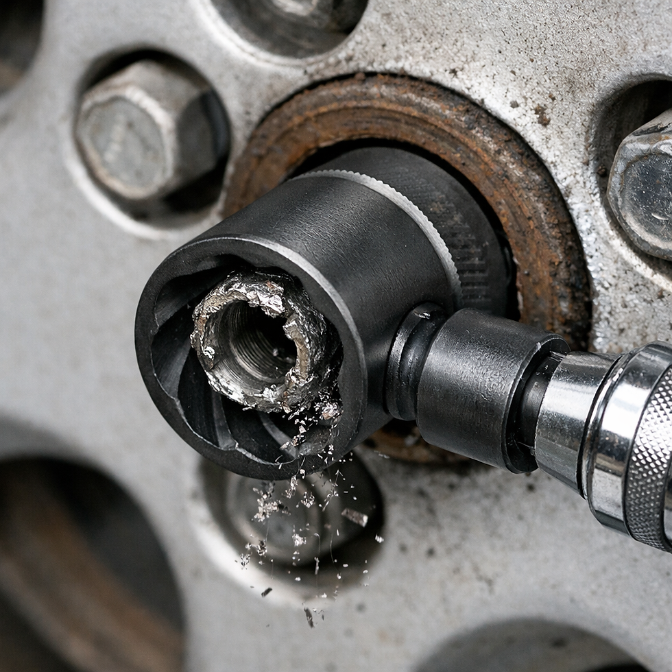 A drill extracts a damaged bolt from a metal wheel hub. Metal shavings scatter, showcasing industrial repair in a close-up, detailed view.