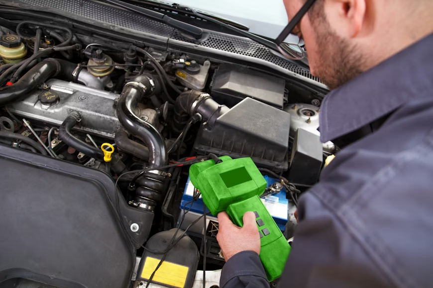 Mechanic in glasses uses green diagnostic tool on car engine. Engine parts visible in open hood. Focused atmosphere, detailed mechanics.