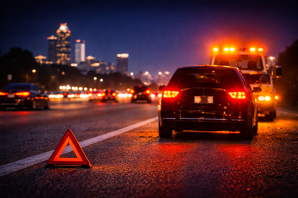 Black car with hazard sign on highway at night. Tow truck with flashing lights in background. Skyline visible. Traffic passing.