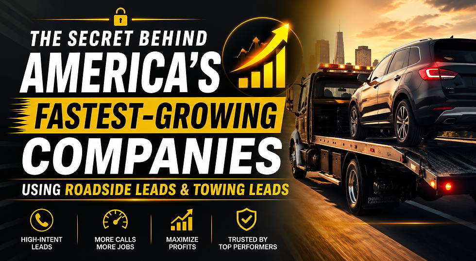 Promotional graphic of a tow truck carrying an SUV at sunset, with bold text: The Secret Behind America’s Fastest-Growing Companies.