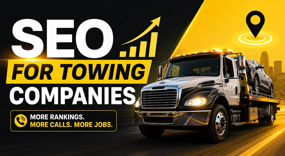 SEO for towing companies ad with tow truck and car, yellow-black design, map pin, and text: More rankings. More calls. More jobs.