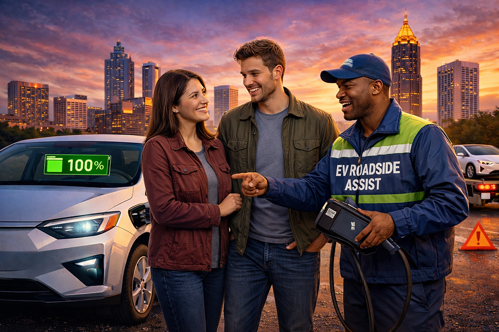 Couple smiles at an EV roadside assistant holding a charger. A fully charged car shows "100%". City skyline at sunset in the background.