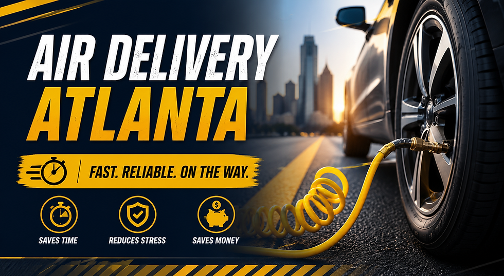 Air Delivery Atlanta ad: car tire with yellow hose on city street at sunset; text says Fast. Reliable. On the way.