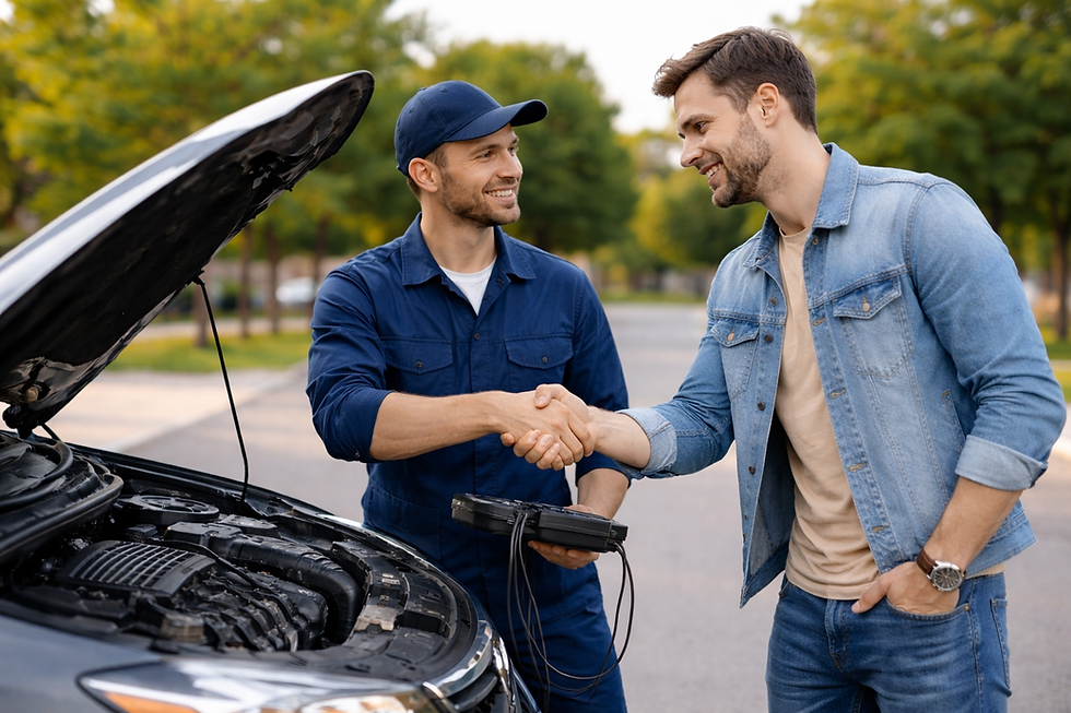 Two men shake hands by an open car hood. One wears a mechanic's uniform, the other a denim jacket. They're smiling outdoors with trees.