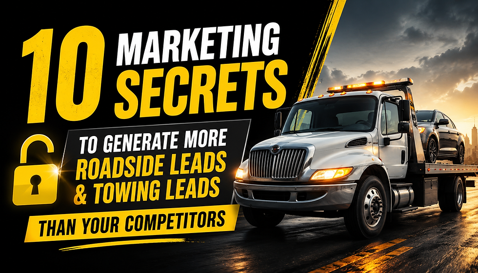 Promotional graphic with tow truck hauling a car at sunset and bold text: 10 Marketing Secrets to Generate More Roadside and Towing Leads