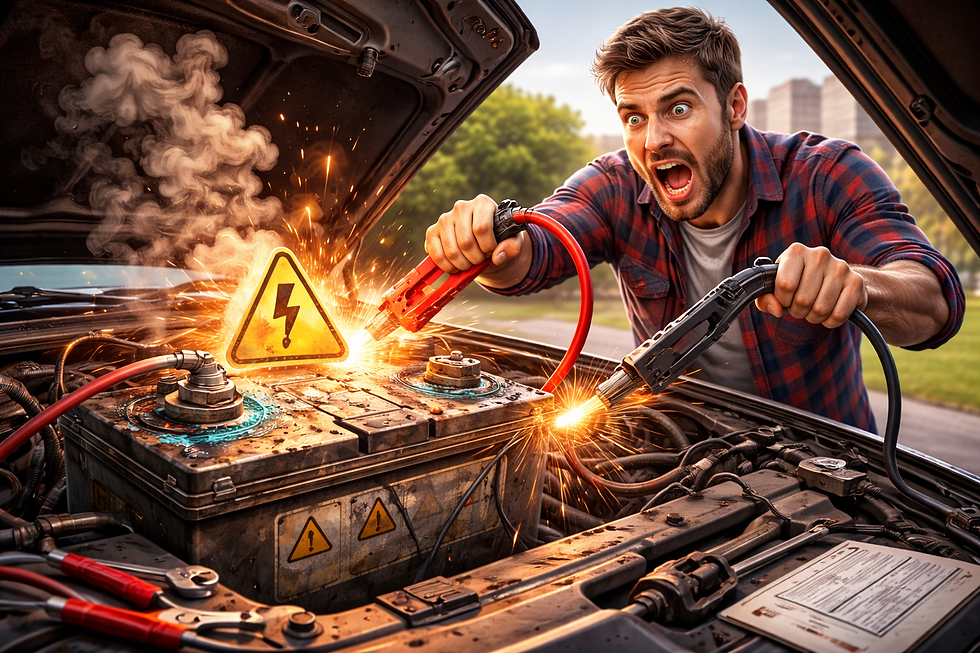 Man jump-starts a smoking car battery with sparking cables. Yellow warning sign visible. Outdoors with trees and buildings in background.