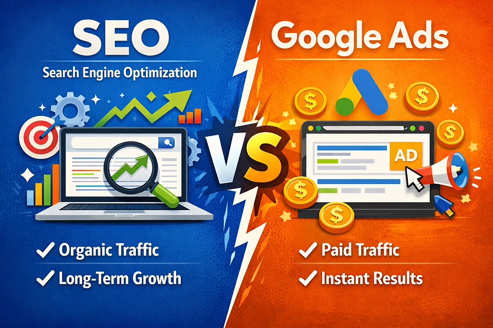 Split image comparing SEO (blue) with Google Ads (orange). SEO highlights organic traffic and growth, while Ads focus on paid traffic and results.