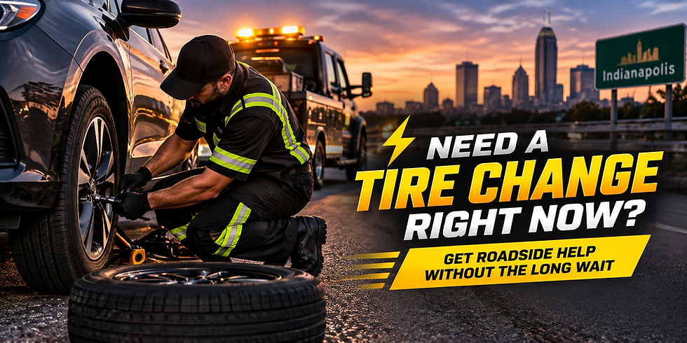 Roadside mechanic in reflective uniform changes a car tire at sunset near Indianapolis, with tow truck and ad text.