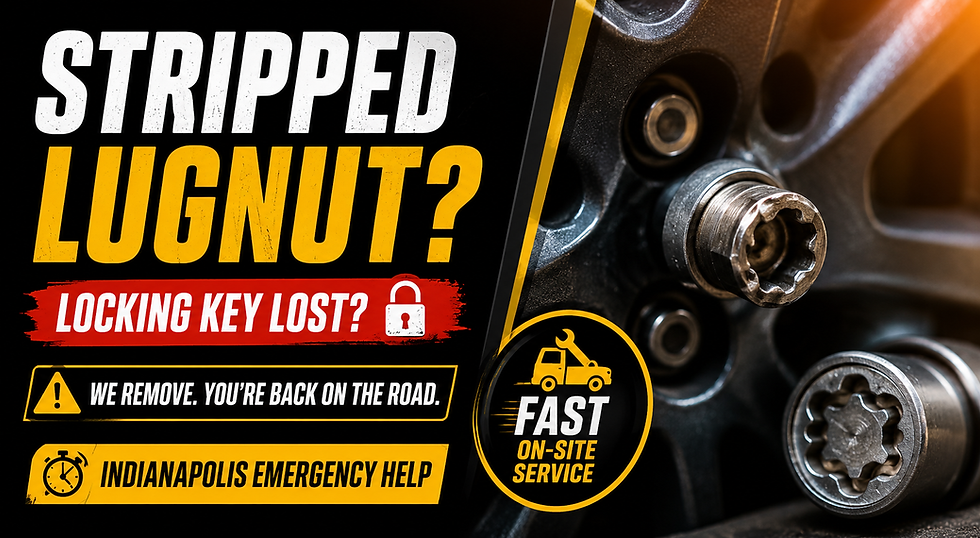 Stripped lug nut and socket with bold text offering fast on-site service for lost locking keys in Indianapolis. Yellow and red theme.