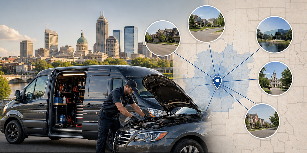 Mechanic works on a car with the hood open beside a van full of tools. City skyline in the background. Map with location pins on the right.