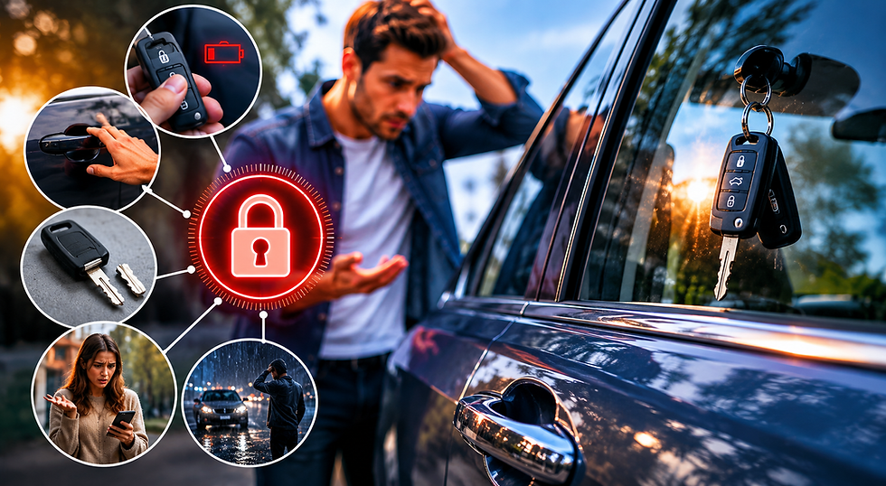 Worried man beside a parked car with keys in the window, a red lock icon, and inset scenes of car key and unlocking.