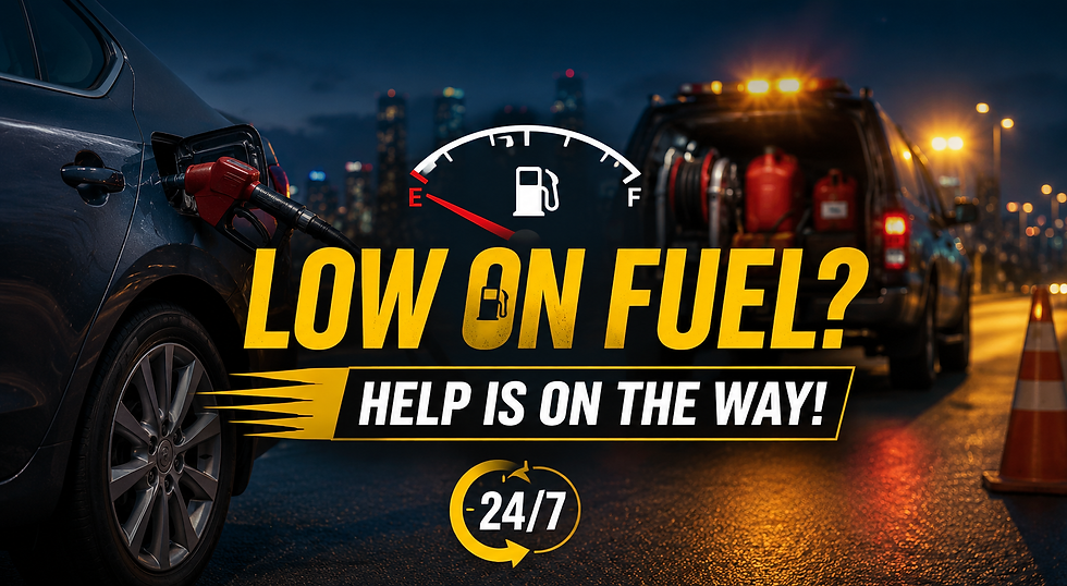 Car refueling roadside at night. Text reads "Low on fuel? Help is on the way! 24/7". Emergency lights in background with city skyline.