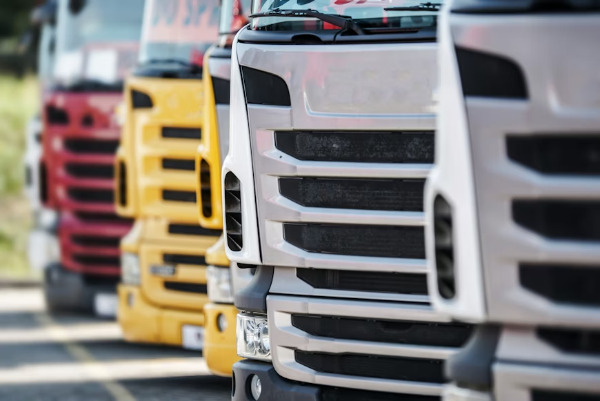 Close-up of lined-up trucks in silver, yellow, and red. Focus on the silver truck's front grilles. Daytime setting, outdoor parking lot.