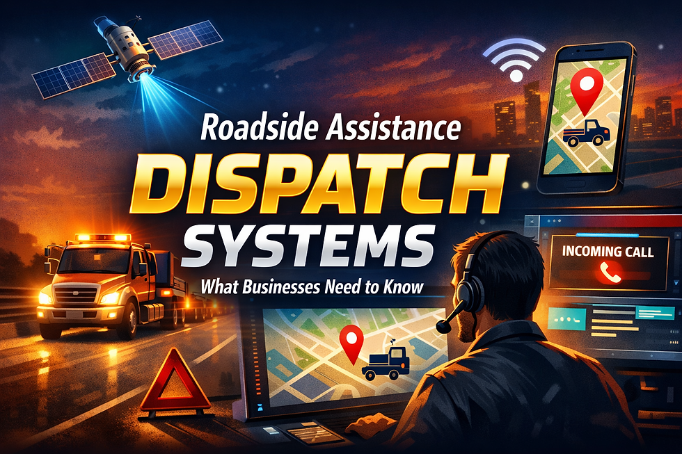 Roadside Assistance Dispatch Systems image: a headset-wearing person at a computer, truck on map, phone with map icon, and satellite above a city skyline.