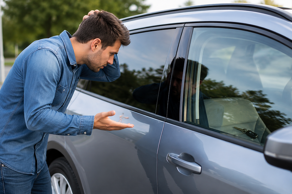 Man in a denim shirt looks worriedly at car keys locked inside a gray vehicle. Trees are reflected in the windows, creating a sense of urgency.