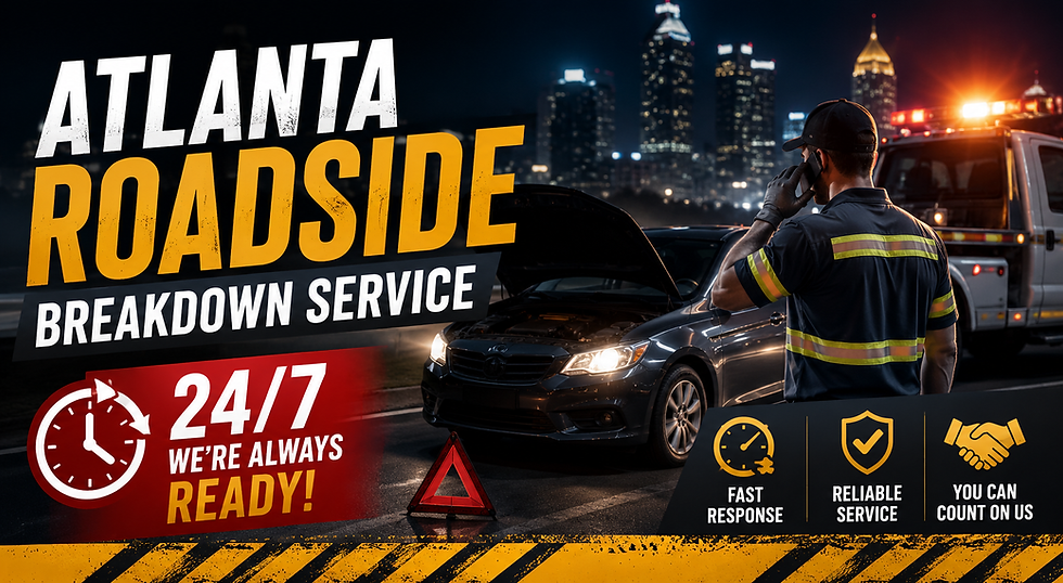 Roadside service worker assists a car breakdown at night. Atlanta skyline in background. Text: "Atlanta Roadside Breakdown Service 24/7."