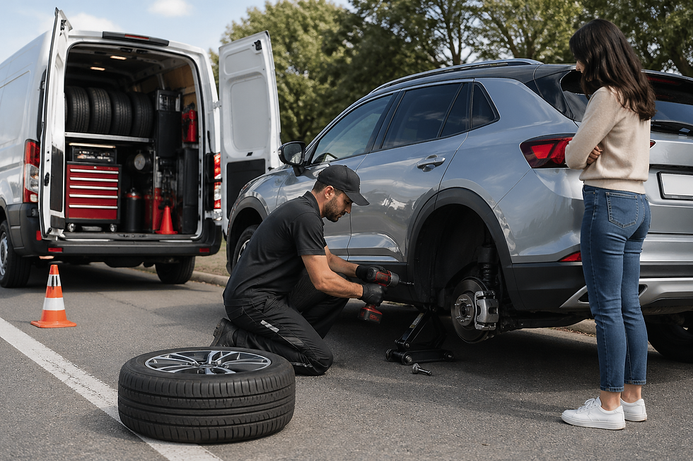 Mechanic changes tire on a silver SUV using a power tool. A woman watches with arms crossed. Open van with tools in the background.