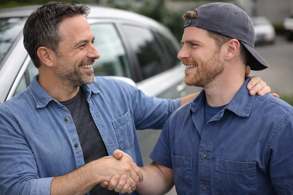 Two smiling men in blue shirts shake hands outdoors. One pats the other's shoulder. A car is in the background, creating a friendly mood.