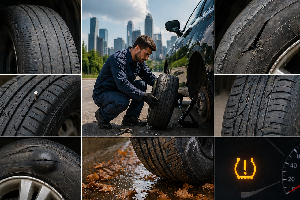 Mechanic changes a damaged tire with a bulge, nail puncture, and tear. City skyline, autumn leaves, and tire warning light visible.
