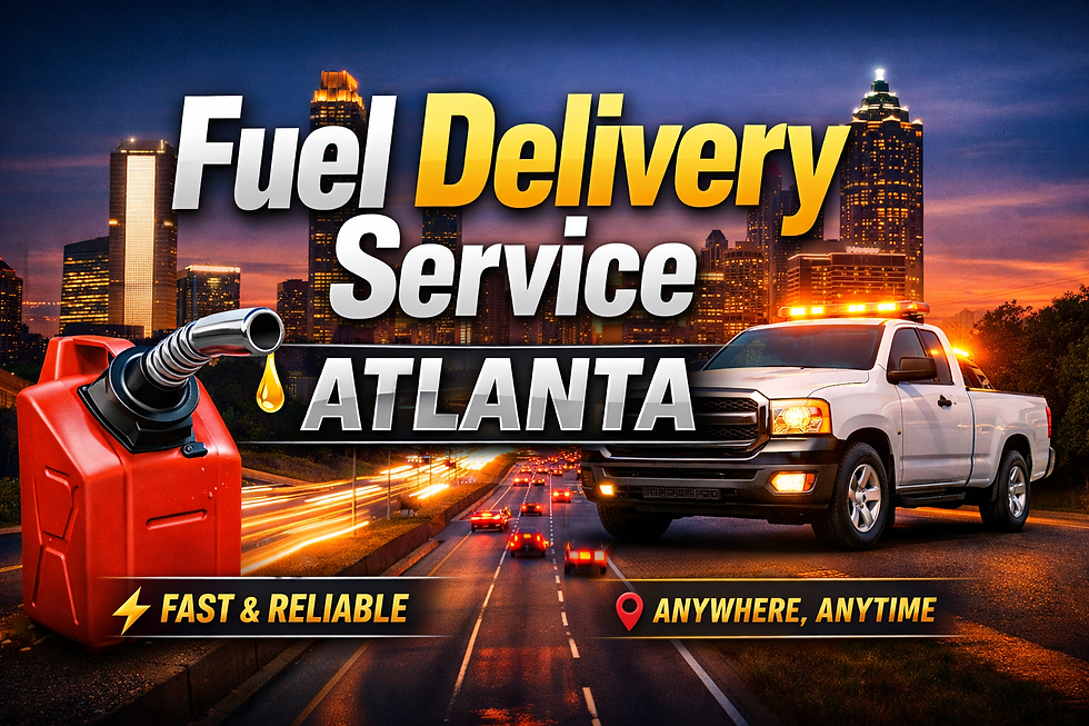 Fuel delivery service ad with a white truck, red gas can, and Atlanta skyline at sunset. Text: Fuel Delivery Service Atlanta. Mood: reliable.