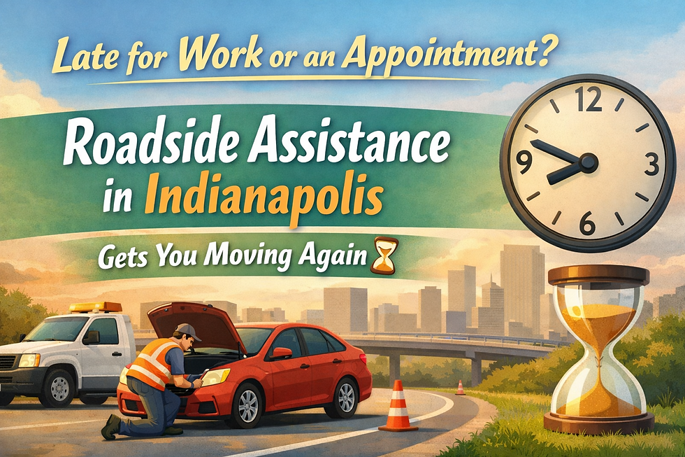 Worker assists red car roadside, skyline in background. Text: "Roadside Assistance in Indianapolis Gets You Moving Again." Clock, hourglass.