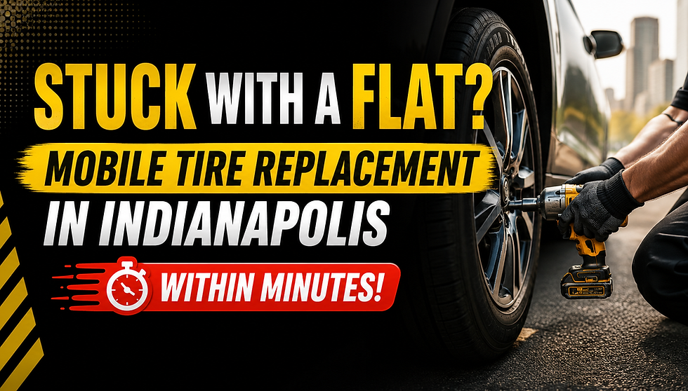Car tire being changed with a power drill roadside; bold ad text reads Stuck with a flat? Mobile tire replacement in Indianapolis.