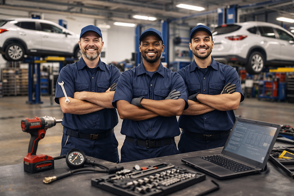 Three mechanics in blue uniforms stand smiling with arms crossed in a garage. Cars on lifts behind them. Tools and laptop on a nearby table.