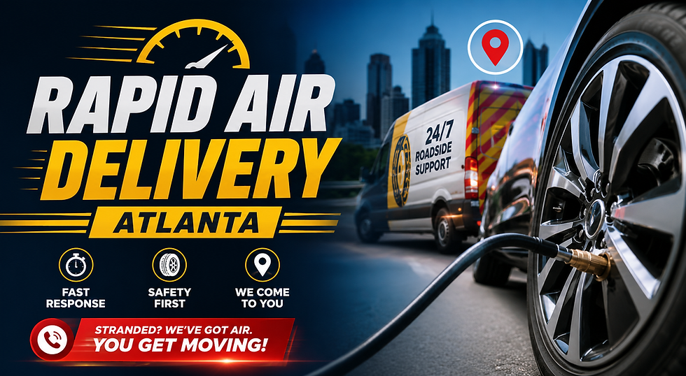 Van with "24/7 Roadside Support" helps inflate a car tire in Atlanta cityscape. Bold text highlights fast air delivery service.