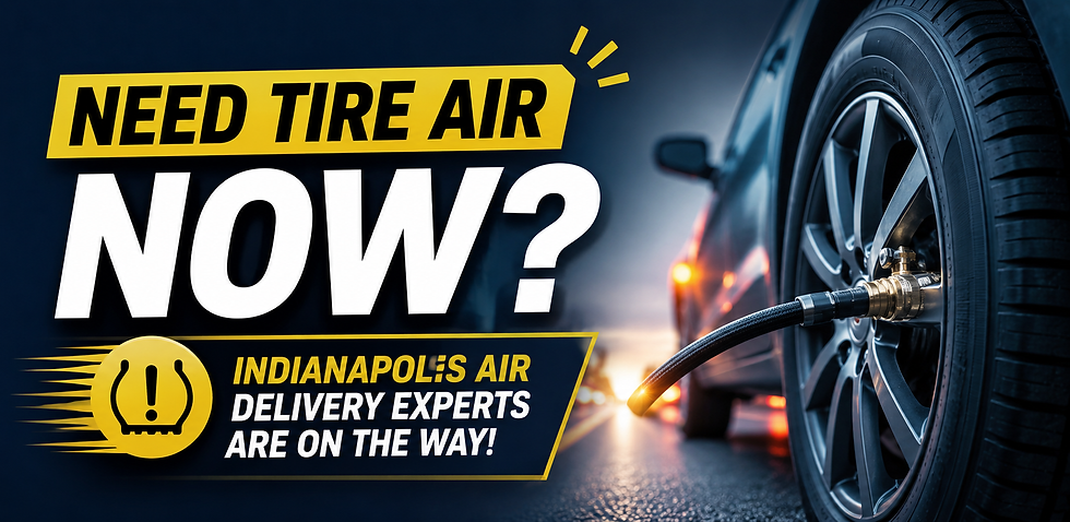 Car tire being inflated with text "Need Tire Air Now?" and "Indianapolis air delivery experts are on the way!" in bold yellow and white.