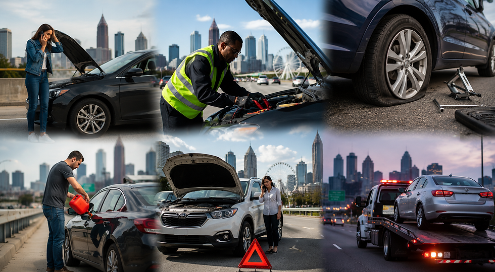 Collage of car breakdown scenes: a woman calls for help, a man in a vest jumps a car, a flat tire, gas refill, and a tow truck, city skyline.