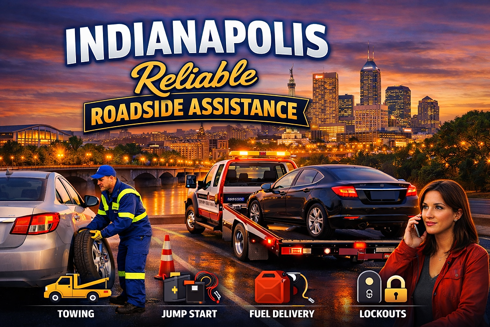 A towing service in Indianapolis at sunset. A worker changes a tire; a woman on the phone; city skyline. Text: "Reliable Roadside Assistance."