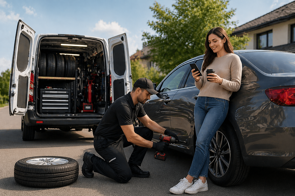 Mechanic changes car tire with a power tool while a woman, leaning on the car, checks her phone and holds a coffee. Van and trees in back.