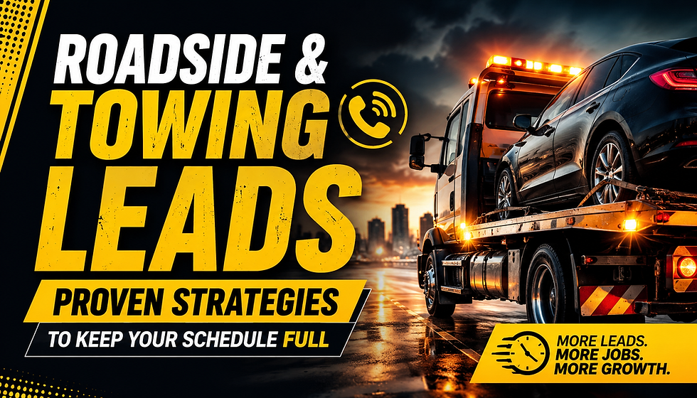 Tow truck hauling a black car at dusk with bold promo text: ROADSIDE & TOWING LEADS, proven strategies, more leads and jobs.