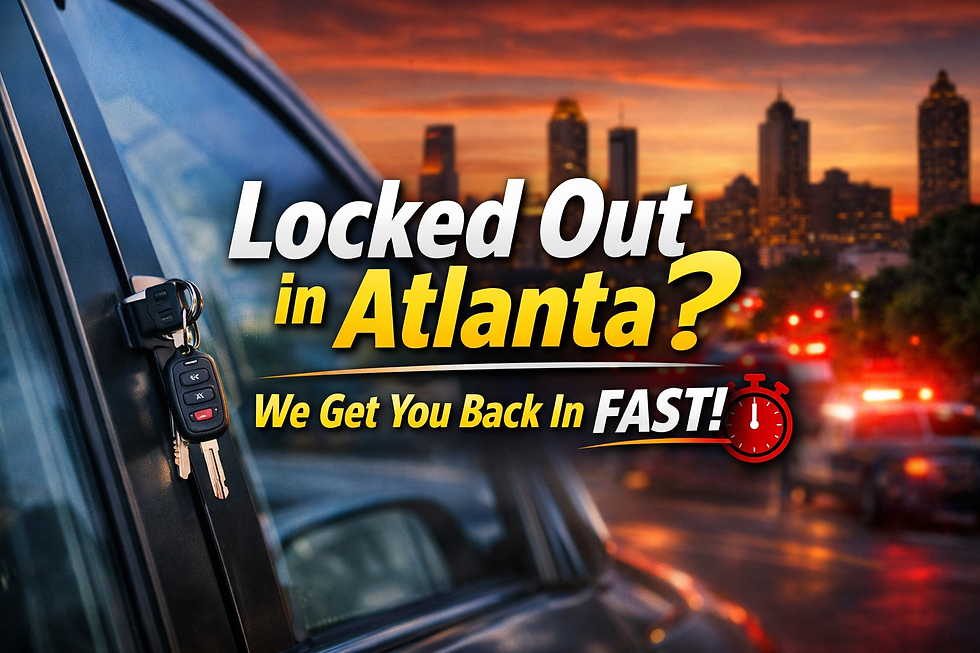 Car keys hanging on a locked door with a sunset cityscape. Text reads: "Locked Out in Atlanta? We Get You Back In FAST!"