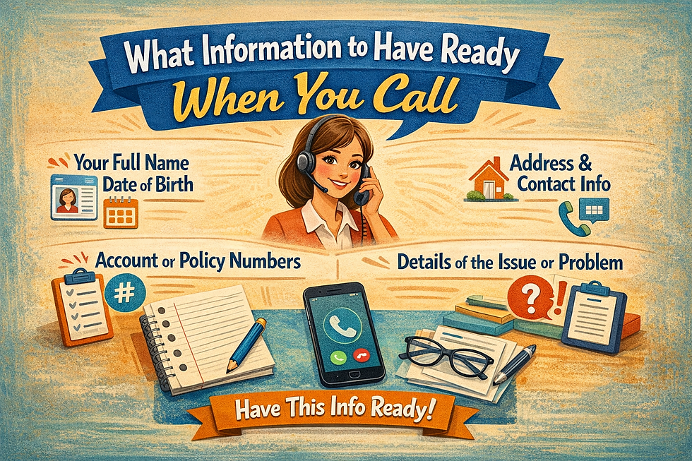 Illustration of a woman with a headset. Text: What Info to Have Ready When You Call. Lists personal info, account numbers, address, issues.